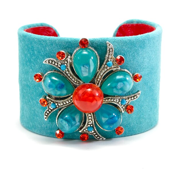 Red and Turquoise Cuff - Leather Cuff Bracelet - Turquoise Blue and Crimson Red Leather - Handcrafted Designer Cuff - OOAK - One of a Kind