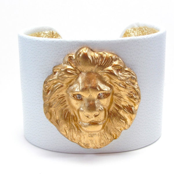Lion Head Cuff Bracelet - As Worn on American Idol by Judge Randy Jackson - Gold and White - Genuine Leather Designer Cuff