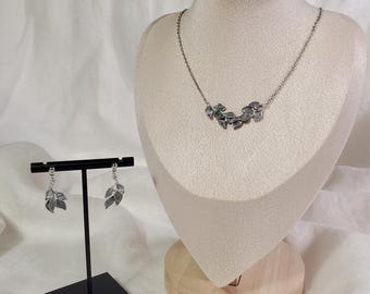 Silber Blatt Halskette und Ohrringe Set | Botanische Harz Schmuck Set| Von der Natur inspiriertes Geschenk für sie