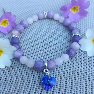 Crystal Heart Tenderness Bracelet - Lepidolite, Rose Quartz & Rhinestones - Feminine and Soothing Jewelry - Mother&#39;s Day Elastic