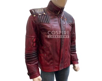 LP-FACON Heren Guardians Superheld Versleten Maroon Ster Cosplay Kostuum Leren Biker Jas, 3XL