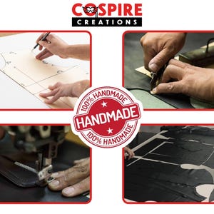 Puede incluir: Un collage de im&aacute;genes que muestran el proceso artesanal. Incluye a una persona trazando un patr&oacute;n, cortando tela y cosiendo. Un sello circular rojo y blanco dice "HANDMADE 100% HANDMADE". El logotipo "COSPIRE CREATIONS" est&aacute; en la parte superior.