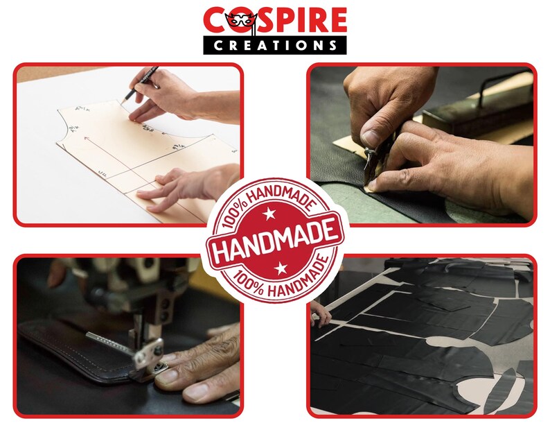 Puede incluir: Un collage de im&aacute;genes que muestran el proceso artesanal. Incluye a una persona trazando un patr&oacute;n, cortando tela y cosiendo. Un sello circular rojo y blanco dice "HANDMADE 100% HANDMADE". El logotipo "COSPIRE CREATIONS" est&aacute; en la parte superior.