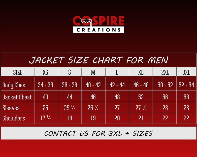 Puede incluir: Tabla de tallas de chaquetas para hombre, con medidas en pulgadas. La tabla incluye tallas XS a 3XL, que enumeran el contorno de pecho, el pecho de la chaqueta, las mangas y las medidas de los hombros. El logotipo de la marca est&aacute; en la parte superior.