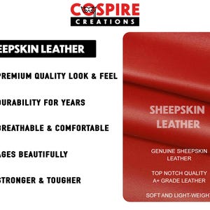 Puede incluir: Primer plano de cuero de oveja rojo con el texto "SHEEPSKIN LEATHER". La imagen tambi&eacute;n incluye el texto "PREMIUM QUALITY LOOK & FEEL", "DURABILITY FOR YEARS", "BREATHABLE & COMFORTABLE", "AGES BEAUTIFULLY" y "STRONGER & TOUGHER".