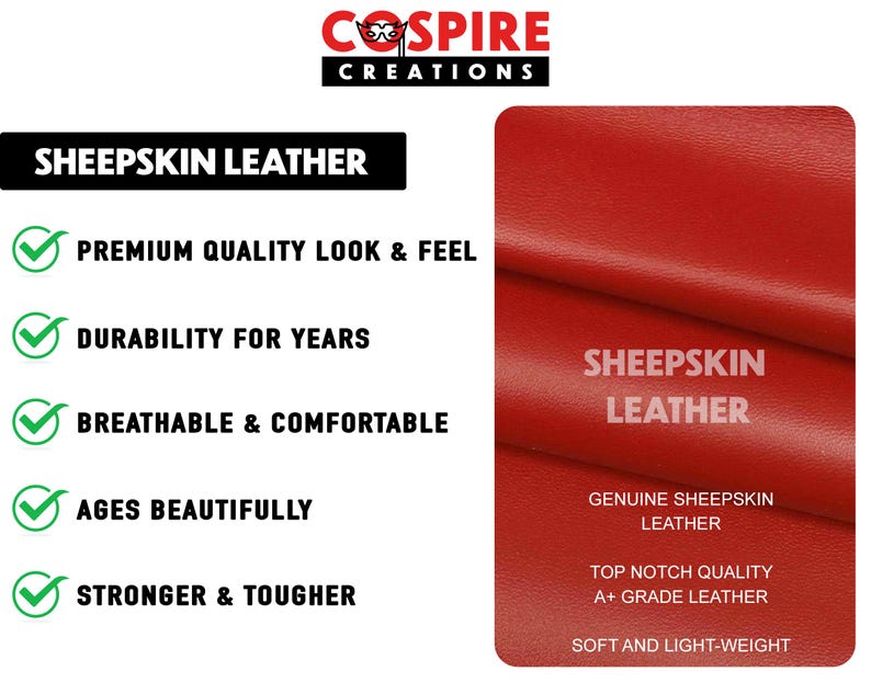 Puede incluir: Primer plano de cuero de oveja rojo con el texto "SHEEPSKIN LEATHER". La imagen tambi&eacute;n incluye el texto "PREMIUM QUALITY LOOK & FEEL", "DURABILITY FOR YEARS", "BREATHABLE & COMFORTABLE", "AGES BEAUTIFULLY" y "STRONGER & TOUGHER".