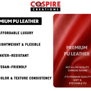 Puede incluir: Imagen promocional de cuero PU rojo de primera calidad. El texto destaca las caracter&iacute;sticas clave: Lujo asequible, ligero y flexible, resistente al agua, apto para veganos y consistencia de color y textura. Tambi&eacute;n indica que es de calidad superior.