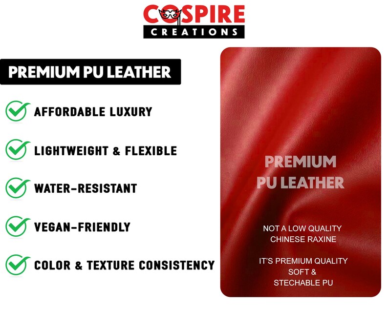 Puede incluir: Imagen promocional de cuero PU rojo de primera calidad. El texto destaca las caracter&iacute;sticas clave: Lujo asequible, ligero y flexible, resistente al agua, apto para veganos y consistencia de color y textura. Tambi&eacute;n indica que es de calidad superior.