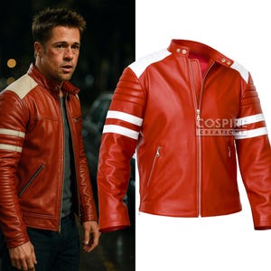 Brad Pitt Fight Club Jacket - Tyler Durden Red & White Leather Jacket – 90s Retro Biker Style – Handmade Movie Cosplay Outfit