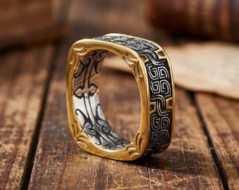 Nordischer Wikinger Quadrat Ring: Geprägter Gold Schwarzer Keltischer Band Schmuck