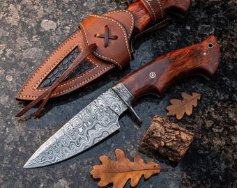 Hand-Forged Damascus Hunting Knife | Leather Sheath, Outdoor Gift