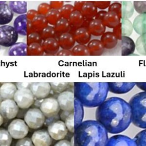 May include: A collection of five gemstone bead types arranged in a grid: purple amethyst, orange-red carnelian, green and purple fluorite, faceted grey labradorite, and deep blue lapis lazuli. Each section is labeled with its respective stone name.