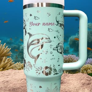 Sea Turtle and Dolphin Laser Engraved 40oz Tumbler with Handle Lid and Straw, 30oz Cup Lover Gift Mug, gift for her, Ocean Lover Gift