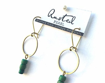 Circle drop earrings green earrings vintage beads raw brass gift for her