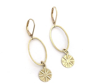 Boho Sun earrings gold brass dangle hoop drops