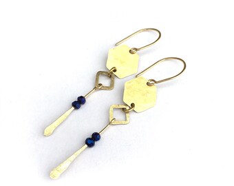 Geometric Hammered Hexagons Raw Brass cobalt blue crystal bead dangles