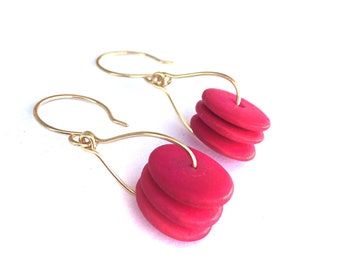 Hot pink vintage wooden bead earrings