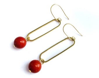 Paperclip gold earring with rusty red vintage simple bead drop boho gift wrapped for her