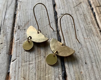 Geometric hammered brass modern rustic drop earrings