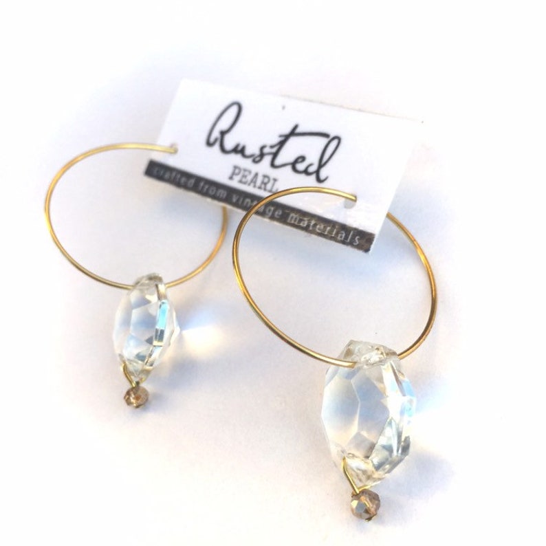 Hoop vintage chandelier crystal earrings raw brass gift for her image 1
