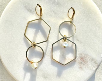 Unique Asymmetrical Mismatched Geometric gold dangle earrings with iridescent vintage beads.