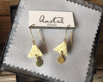 Hammered Raw Brass Geometric Earrings: Triangle Circle Dangle