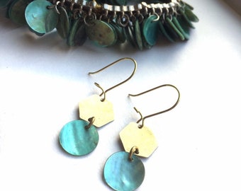 Vintage shell sea green turquoise colored brass earrings geometric hexagon earrings gift for her