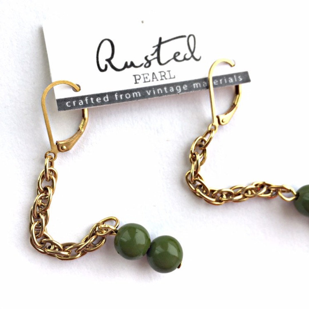 Vintage Chain Earrings Green Earrings Gold and Green Dangle Earrings