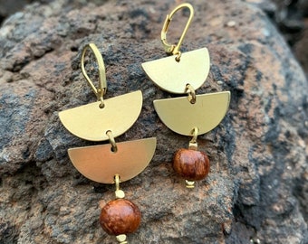 Half moon geometric brass earrings statement vintage wood beads