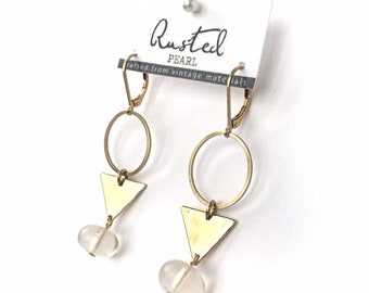 Geometric raw brass earrings with vintage clear beads gift for her hamdmade earrings statement earrings