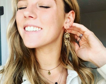 Gold Picasso Face earrings brass geometric gold wink earrings statement earrings