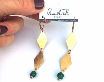 Vintage Emerald Green and Hammered Brass Geometric diamonds