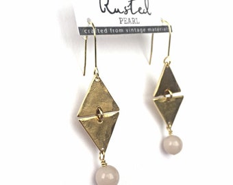 Hammered brass triangle earrings geometric earrings vintage beads repurposed hand made earrings gold earrings nickel free