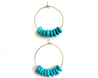 Turquoise simple gold brass hoop earrings