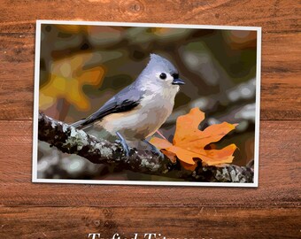 May include: A print of a Tufted Titmouse bird perched on a branch with an orange leaf. The bird has a gray head, white chest, and black accents. The background features autumn colors.