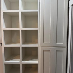 May include: A white, built-in storage unit. On the left are open cubby shelves, and on the right are closed cabinet doors. The unit is painted white and appears to be made of wood. The shelves are empty, and the doors have simple, recessed paneling.