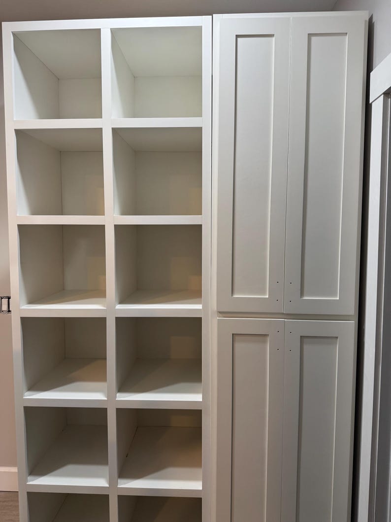 May include: A white, built-in storage unit. On the left are open cubby shelves, and on the right are closed cabinet doors. The unit is painted white and appears to be made of wood. The shelves are empty, and the doors have simple, recessed paneling.