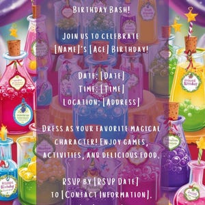 Puede incluir: Una invitación de cumpleaños morada y rosa con un tema mágico. La invitación presenta una variedad colorida de botellas de pociones con tapas de corcho y etiquetas. El texto dice "¡Estás invitado a una fiesta de cumpleaños mágica!" e incluye detalles del evento, como la fecha, la hora, la ubicación y la información de RSVP.