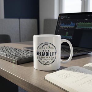 Könnte beinhalten: Ein weißer Keramikbecher mit einem kreisförmigen schwarz-grünen Grafiklogo. Das Design enthält ein Tachometer-Symbol, den Text "SITE RELIABILITY SOCIETY" sowie die Wörter "UPTIME", "STABILITY" und "TRUST" um ein kleines Schild-Symbol herum.