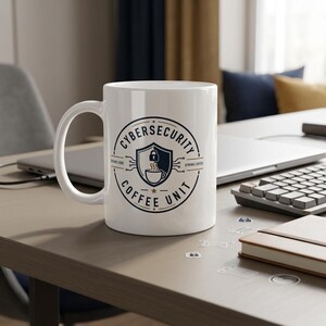 Könnte beinhalten: Ein weißer Keramikbecher mit einer kreisförmigen Grafik und dem Text CYBERSECURITY COFFEE UNIT. Das Design zeigt ein zentrales Schildsymbol mit einem Vorhängeschloss und einer dampfenden Kaffeetasse, umgeben von Leiterbahnen und kleinen Sternen.