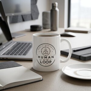 Könnte beinhalten: Ein weißer Keramikbecher mit einer schwarzen kreisförmigen Grafik, die den Text "HUMAN IN THE LOOP" und "PEOPLE + AI = BETTER TOGETHER" um ein zentrales Symbol einer Person am Computer mit einer Kaffeetasse zeigt, platziert auf einem Schreibtisch.