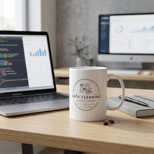 Peut inclure: Un mug en céramique blanc orné d'un motif circulaire noir représentant une feuille de calcul et un balai, avec le texte "DATA CLEANING DEPARTMENT" et les mots "CLEAN • VALID • TRUSTED" inscrits dans une police sans empattement.
