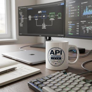 Könnte beinhalten: Ein weißer Keramikbecher mit einer kreisförmigen dunkelblauen Grafik und dem Text API RESPONSE TEAM, inklusive Codesymbolen und technischen Icons. Das Design enthält kleine Beschriftungen wie 200 OK, REQUEST, PROCESS und RESPOND.