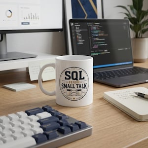 Könnte beinhalten: Ein weißer Keramikbecher mit einer kreisförmigen Grafik, dem Text SQL BEFORE SMALL TALK und einer Abbildung von Datenbank-Symbolen. Das Design ist in Dunkelblau und Gold gehalten und mittig auf der Vorderseite mit einem Henkel links platziert.