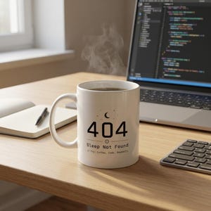 Könnte beinhalten: Ein weißer Keramikbecher mit einer schwarzen Grafik, die einen Halbmond, die Zahl 404 und den Text Sleep Not Found sowie den Code-Schnipsel // Try: Coffee, Code, Repeat(); zeigt. Der Becher enthält eine dunkle Flüssigkeit mit aufsteigendem Dampf.