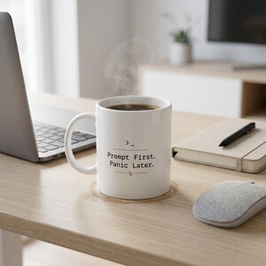 Könnte beinhalten: Ein weißer Keramikbecher mit Henkel, der mit dem schwarzen Text "Prompt First. Panic Later." über einem kleinen Cursor-Symbol und einem Befehlszeilen-Prompt bedruckt ist. Der Becher enthält eine dunkle Flüssigkeit mit aufsteigendem Dampf.