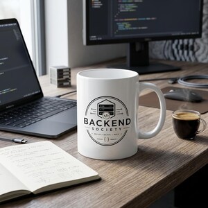 Könnte beinhalten: Ein weißer Keramikbecher mit einem schwarzen kreisförmigen Logo, das ein Serversymbol, Code-Klammern und den Text BACKEND SOCIETY BUILD SCALE RELY zeigt. Der Becher hat einen Standardhenkel und steht auf einem Schreibtisch aus Holz.