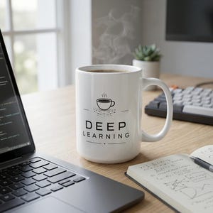 Könnte beinhalten: Ein weißer Keramikbecher mit Henkel, der eine schwarze Grafik einer Kaffeetasse über einem Netzwerkdiagramm sowie den schwarzen Schriftzug "DEEP LEARNING" zeigt. Der Becher enthält eine dunkle Flüssigkeit, aus der deutlich Dampf aufsteigt.