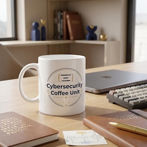 May include: A white ceramic mug featuring a circular graphic with the text Cybersecurity Coffee Unit, a stylized bracket symbol, and decorative lines in dark blue and gold. The mug has a standard handle and sits on a wooden desk surface.