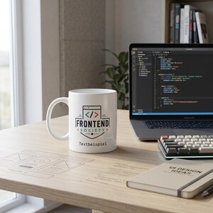 May include: A white ceramic mug featuring a black and orange graphic logo with a browser window icon, the text FRONTEND SOCIETY, and the word Textbeispiel printed below. The mug is positioned on a wooden desk next to a laptop and a notebook.